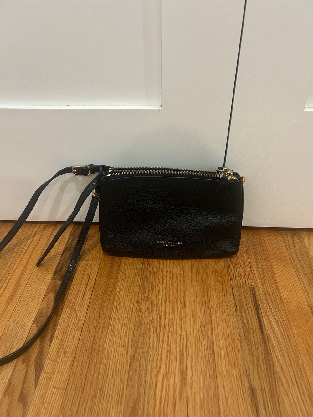 Marc Jacobs Black Pebbled Leather Double Zip Crossbody with Gold Hardware